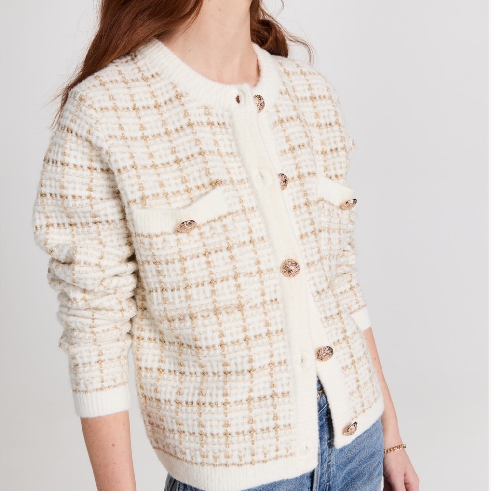 NWT Sz M Line & Dot Alexa Ivory/Gold Tweed Cardigan
